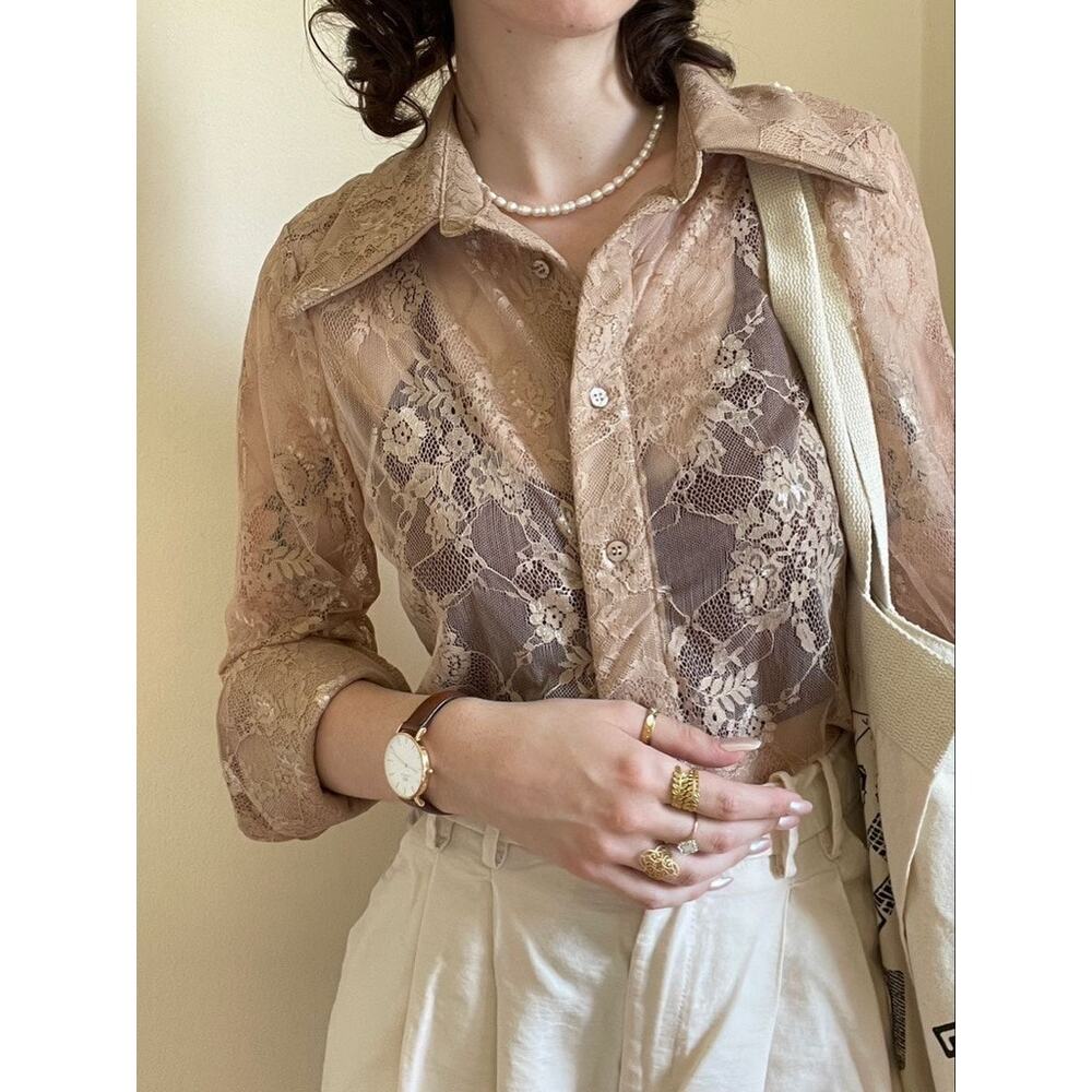 Vintage CW Classics Floral Lace Button-Up Shirt size XL Sheer Antique Beige - Picture 8 of 16